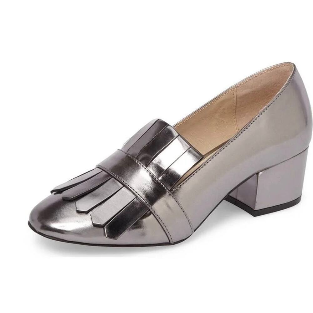 BOTKIER Olive Chunky Heel Loafer Metallic Pewter Silver Size 7 Dark Academia